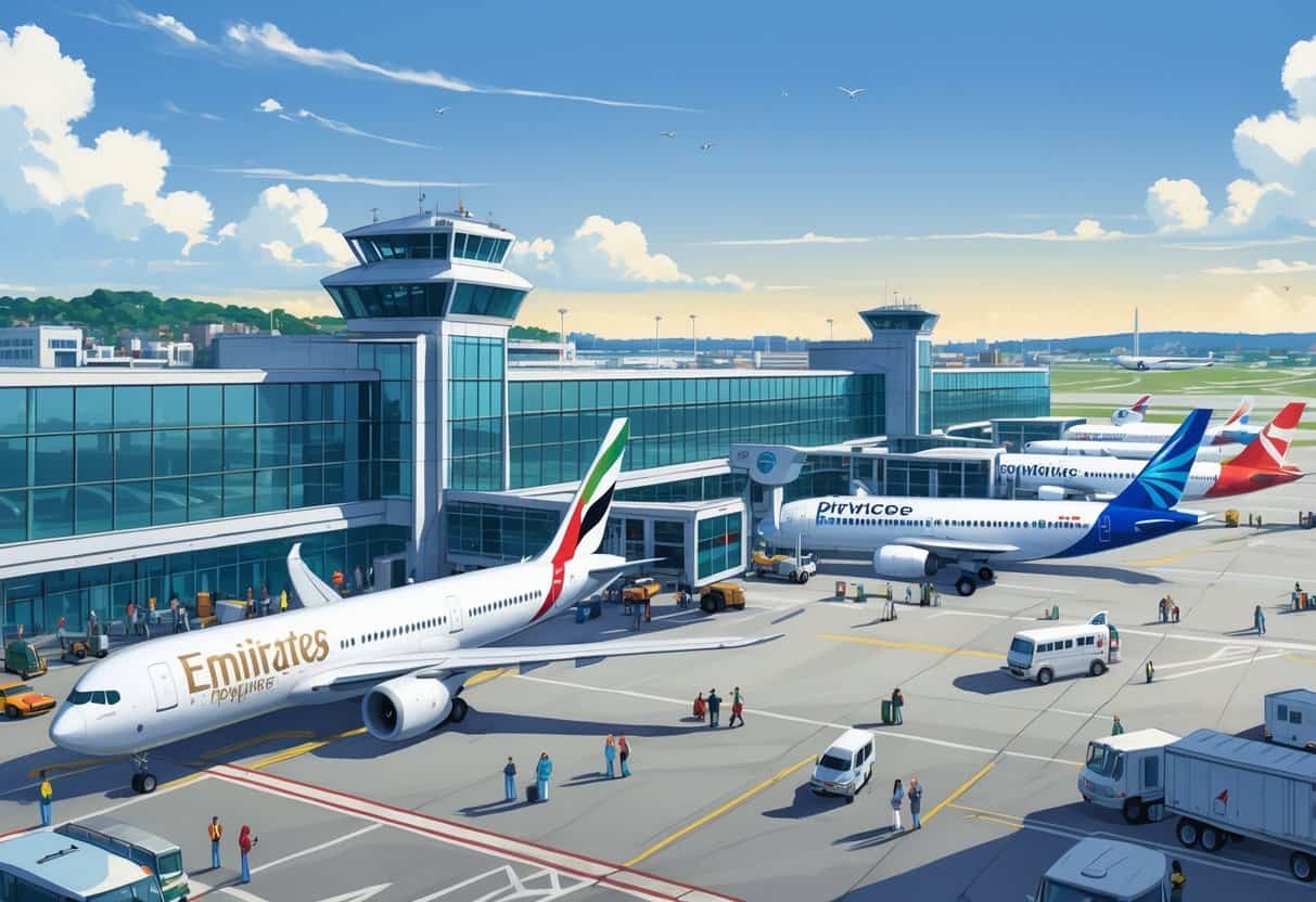 An airport scene at Providence Rhode Island with several international airplanes at gates, travelers walking, and airport staff working around a modern terminal building.
