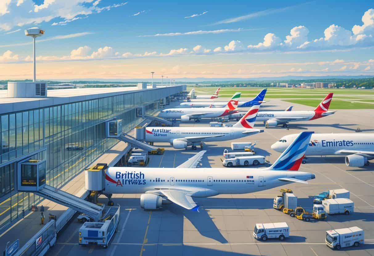 An airport terminal at Providence Rhode Island with several international airplanes parked at gates and ground vehicles moving around them during the day.