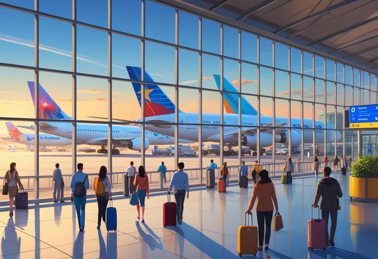 International airport terminal at San Antonio with airplanes from various global airlines parked outside and travelers moving inside.