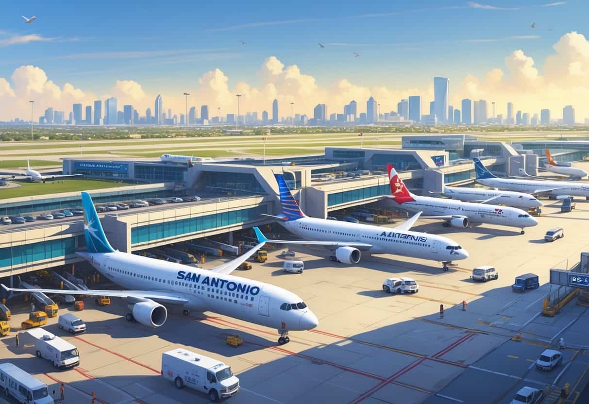 A busy international airport terminal with airplanes from various global airlines parked at gates and the San Antonio city skyline in the background.