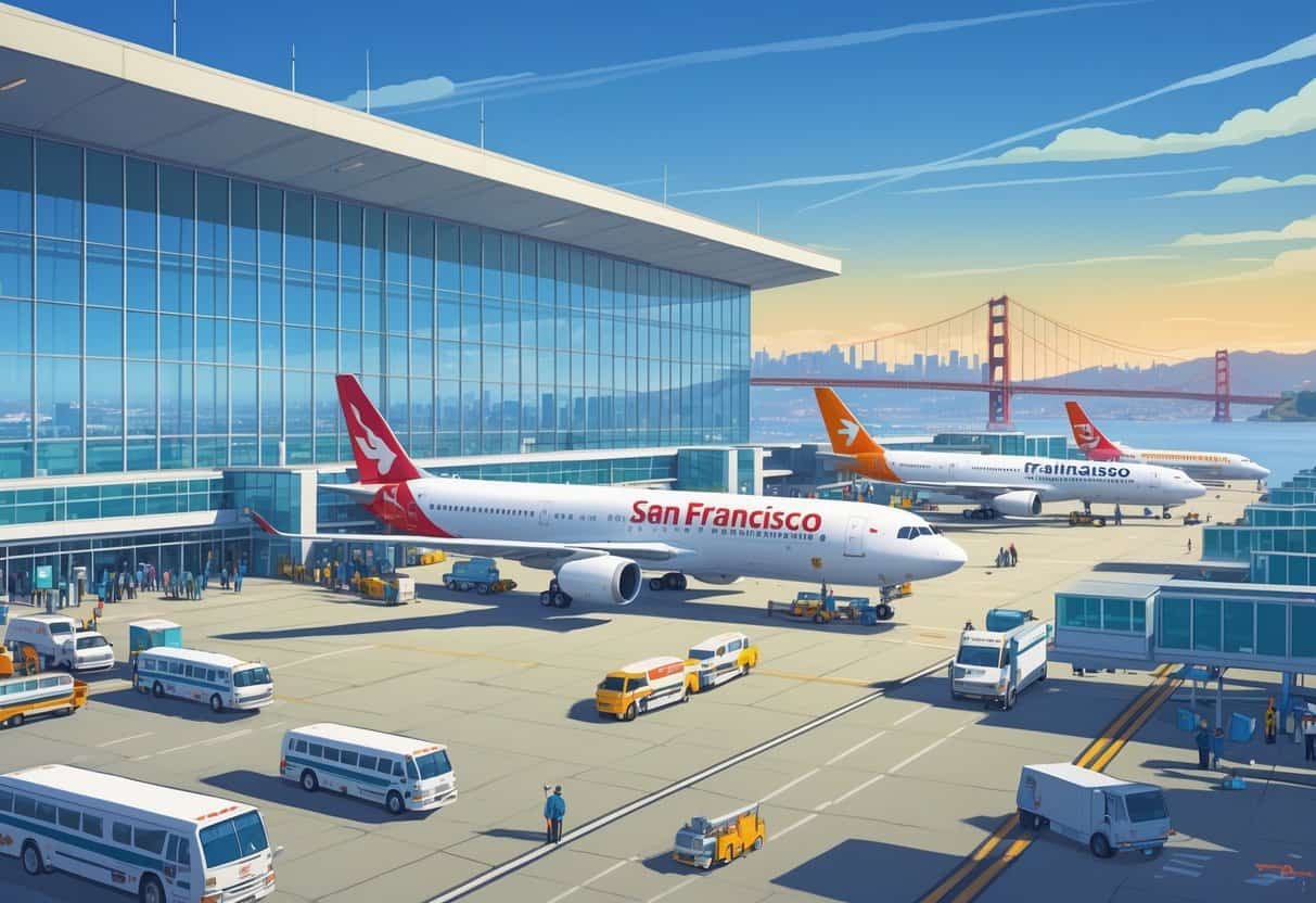 A busy airport terminal at San Francisco International Airport with multiple airplanes parked at gates, passengers walking, and the city skyline with the Golden Gate Bridge in the background.