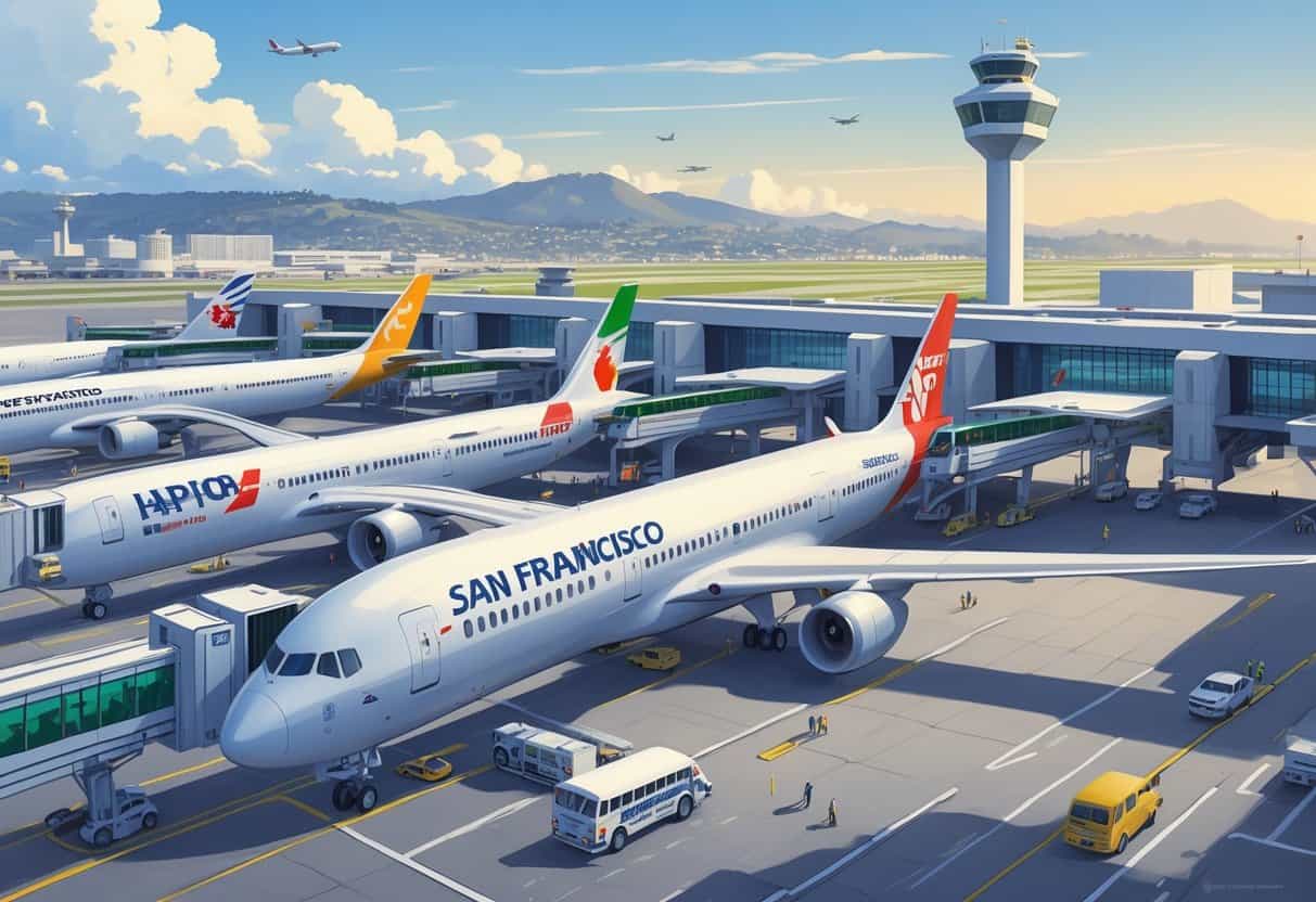 Overview of several international airplanes parked at San Francisco airport terminals with the airport control tower in the background.