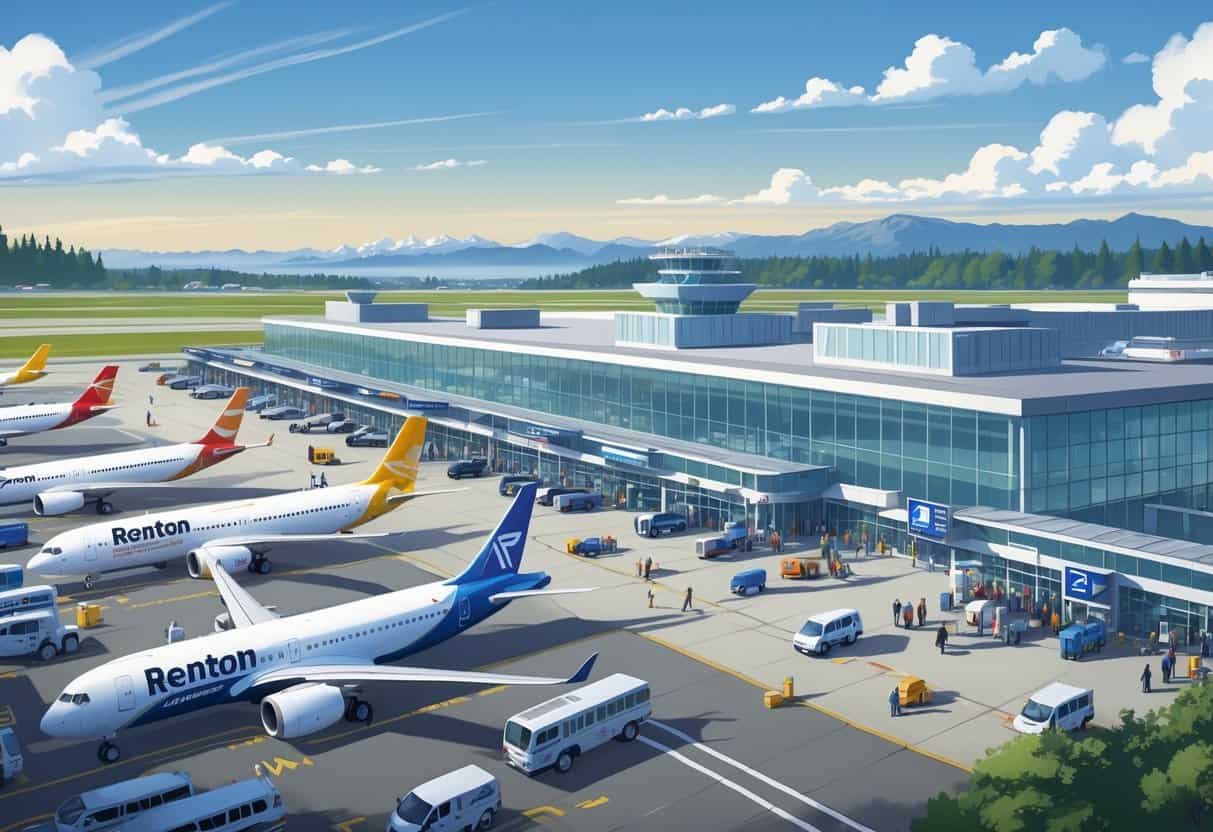A busy Renton Washington Airport with several international airplanes at gates, travelers walking, and airport staff working near the terminal building.