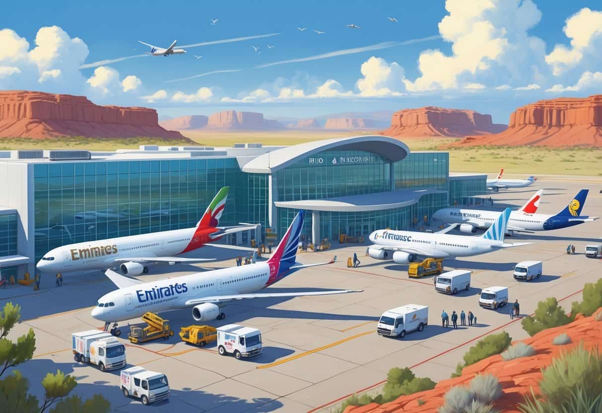 Airport terminal at Rio Rancho New Mexico with several international airplanes parked at gates and passengers walking nearby.