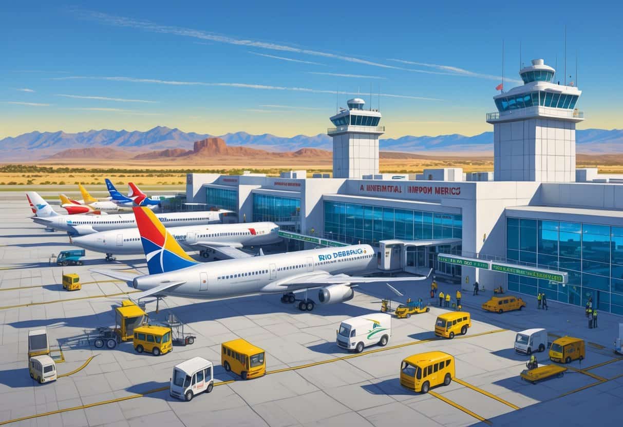 An airport terminal with several international airplanes parked at gates, surrounded by ground vehicles and staff, set in a desert landscape with mountains in the background.