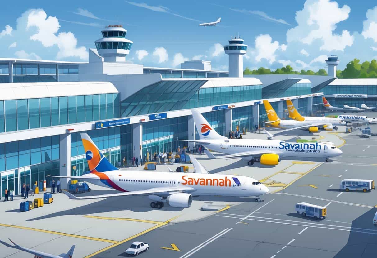 A busy international airport terminal with airplanes from multiple airlines parked at gates, travelers walking with luggage, and airport staff assisting passengers.