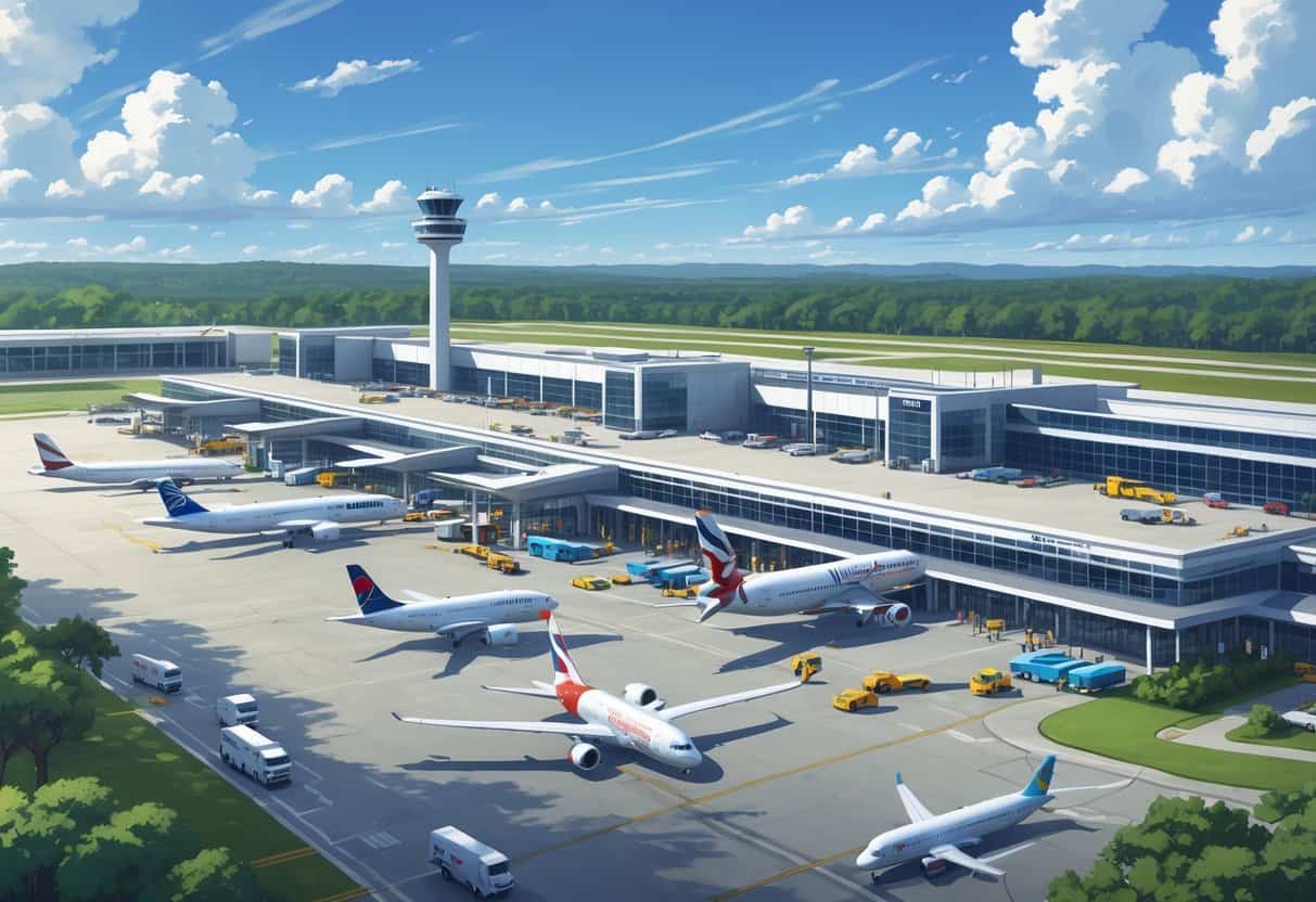 Overview of an airport terminal with multiple international airplanes parked at gates, airport staff and vehicles on the tarmac, and a control tower in the background surrounded by greenery.