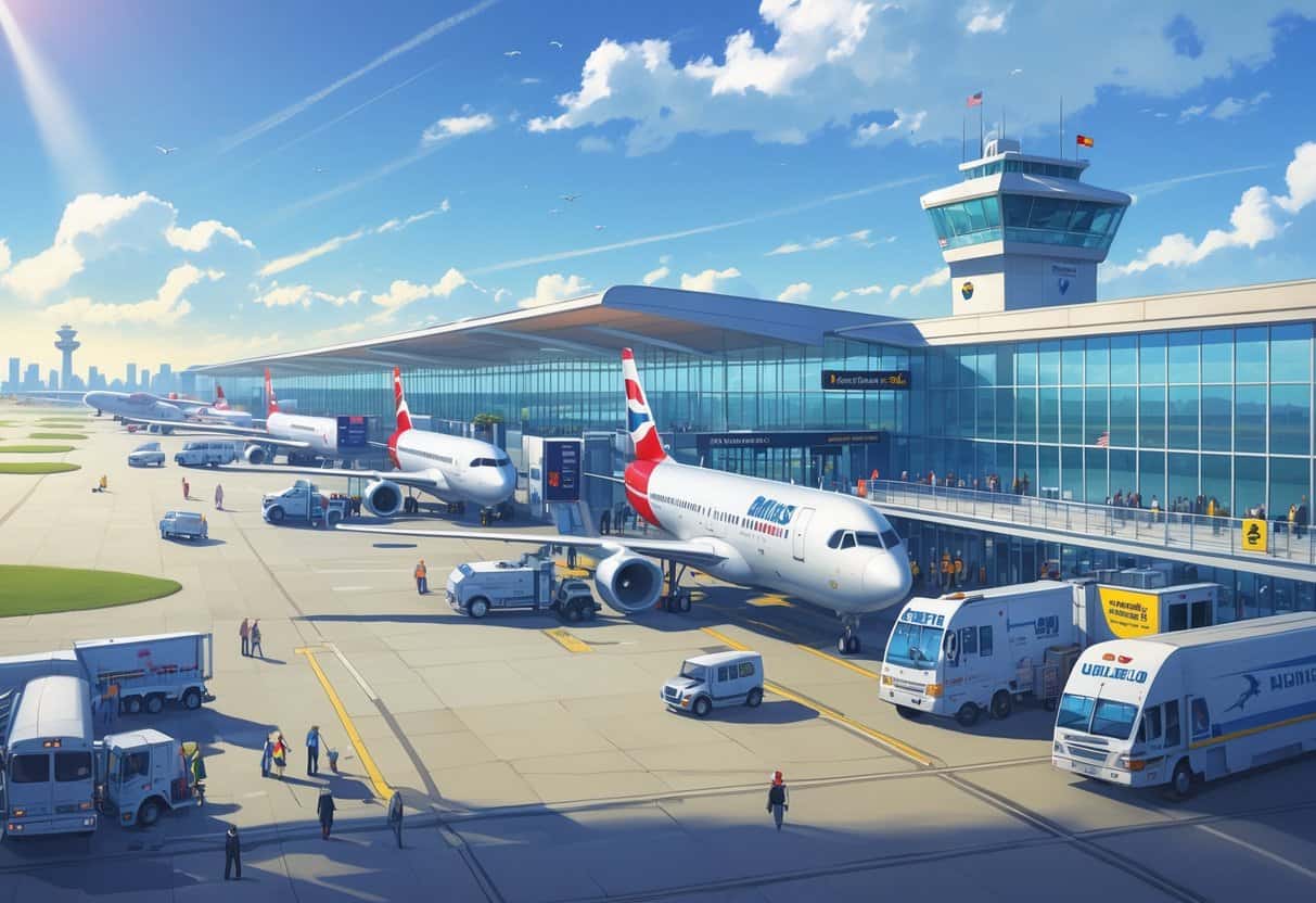 A busy international airport terminal at Rochester New York with airplanes from various airlines parked, passengers walking, and ground service vehicles on the tarmac.