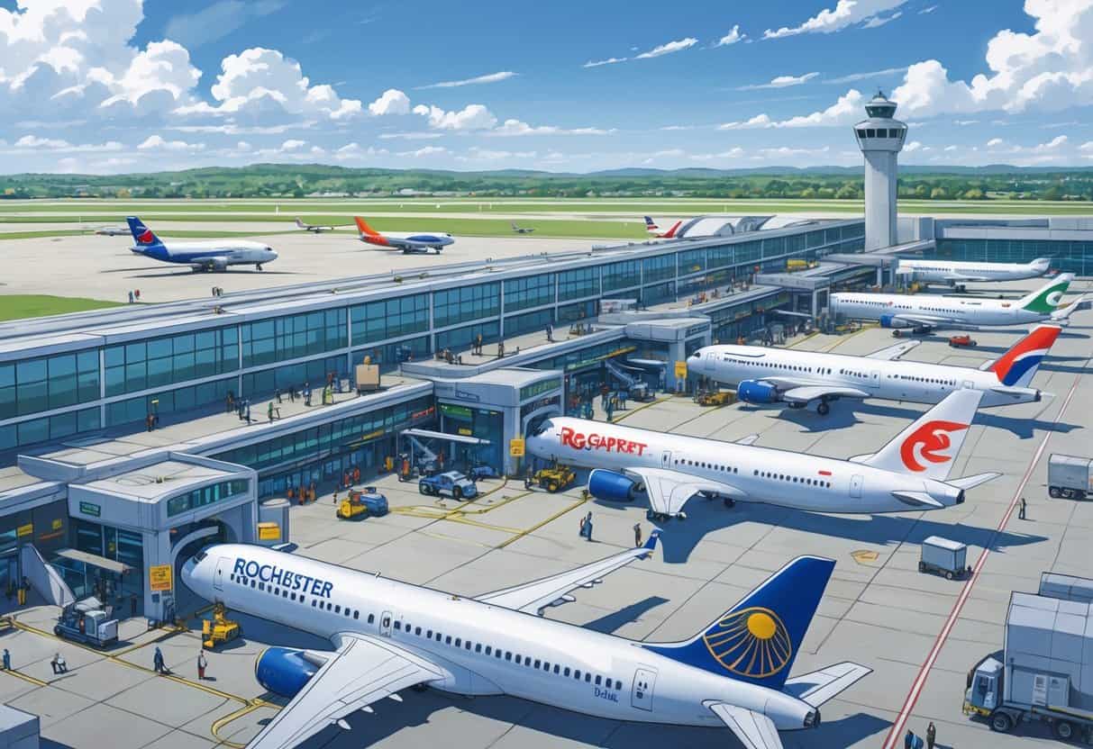 An airport terminal with multiple international airplanes parked at gates, passengers boarding, and airport staff working, showing a busy scene at Rochester New York Airport.