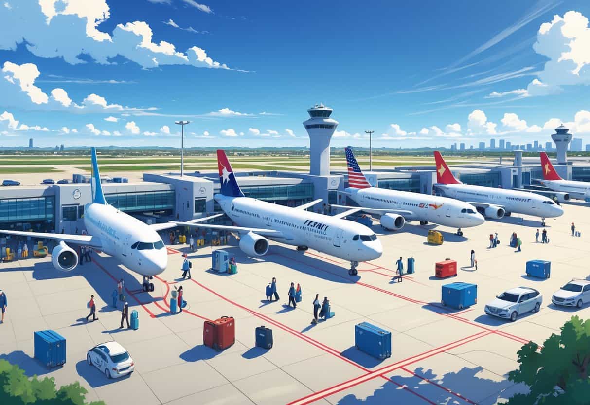 A busy airport terminal at Round Rock, Texas with several international airplanes at gates and travelers moving around the terminal.