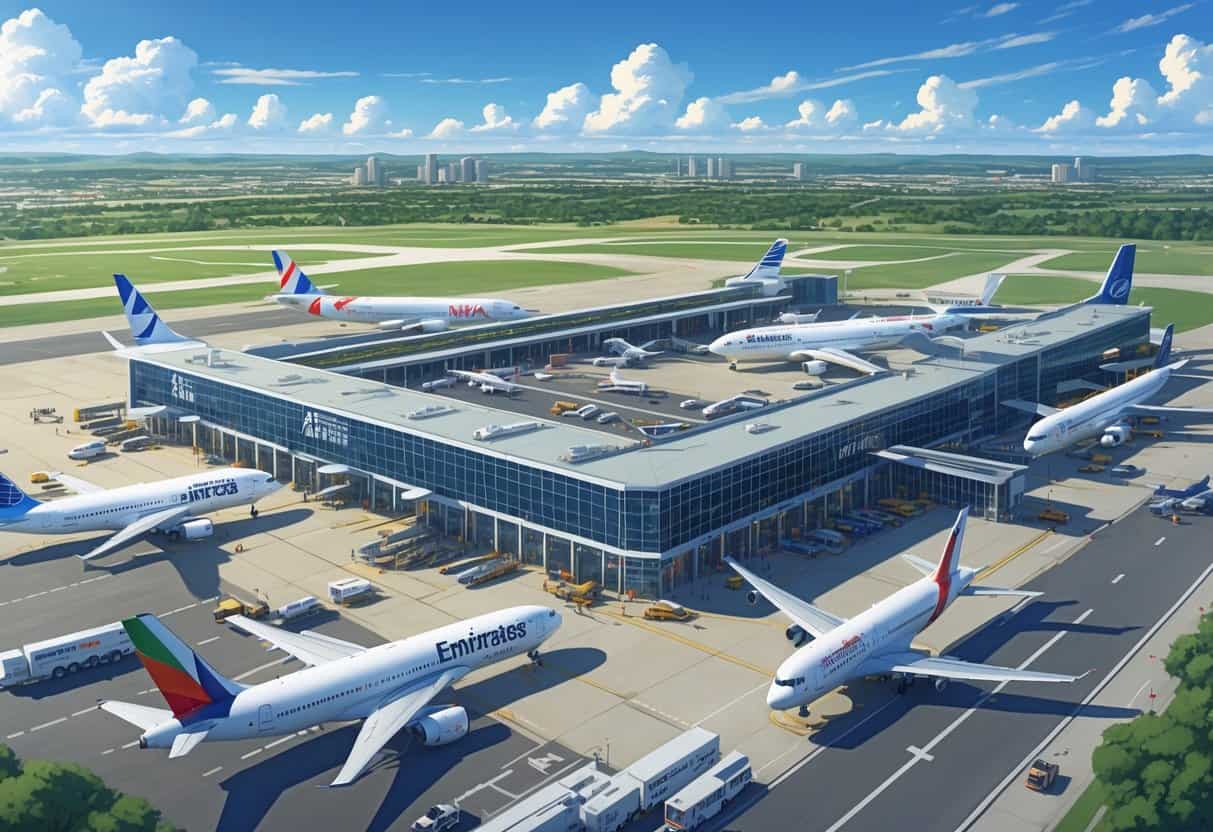 A busy airport terminal with multiple international airplanes from various airlines parked and taxiing, surrounded by airport vehicles and passengers, set in a green landscape with a clear sky.