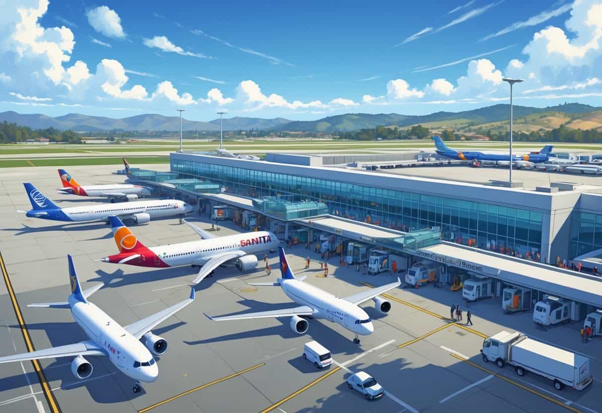 A busy international airport terminal at Santa Rosa California with airplanes from different airlines parked at gates and passengers moving around.