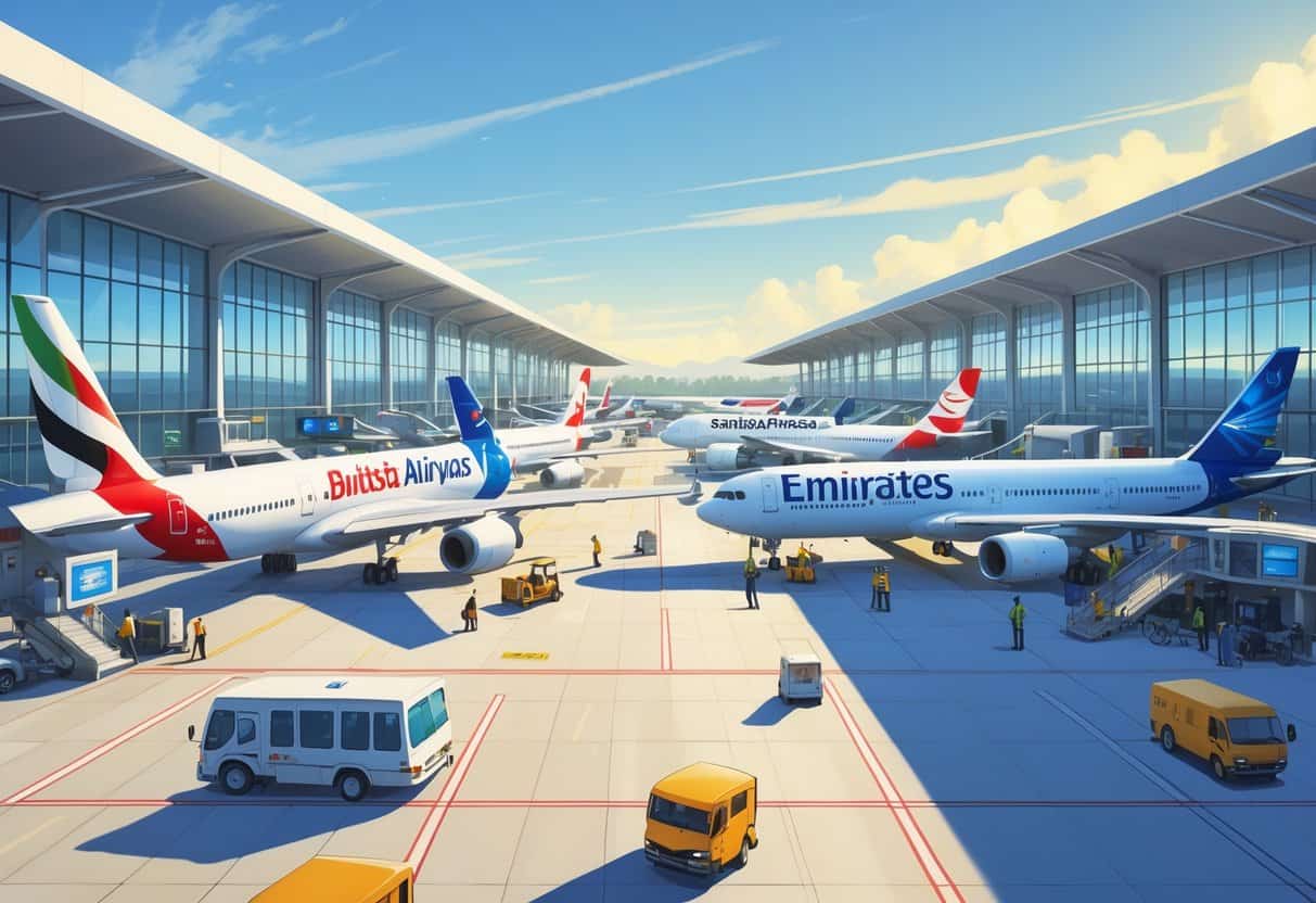 A busy airport terminal at Santa Rosa California with various international airplanes parked at gates and passengers moving through the terminal.