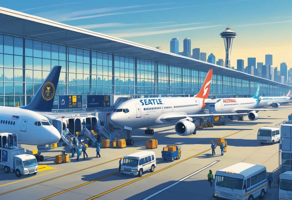 A busy Seattle airport terminal with international airplanes parked at gates, travelers moving with luggage, and the Seattle skyline including the Space Needle in the background.