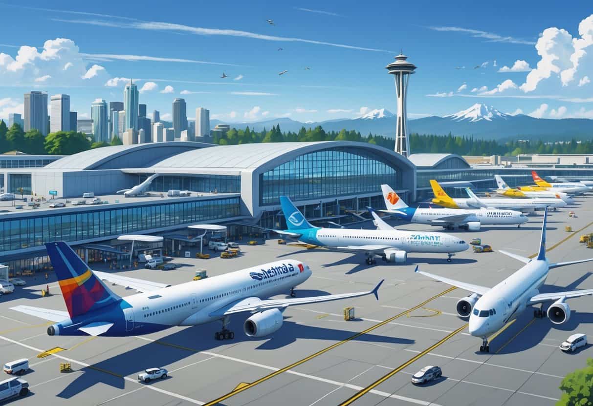 A busy Seattle-Tacoma International Airport with multiple international airplanes parked at gates, the airport terminal, and the Seattle skyline with the Space Needle in the background.