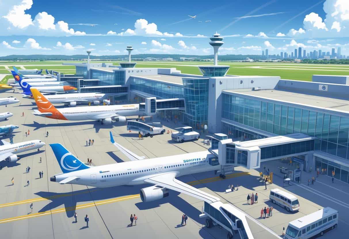 A busy international airport terminal with airplanes parked at gates, passengers walking with luggage, and airport staff assisting travelers under a clear sky.
