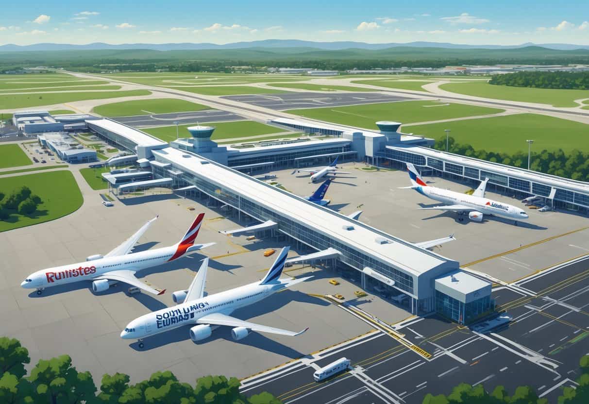 Aerial view of South Fulton Georgia Airport with multiple airplanes from international airlines parked at terminals and taxiing on runways, surrounded by green areas and a distant cityscape.