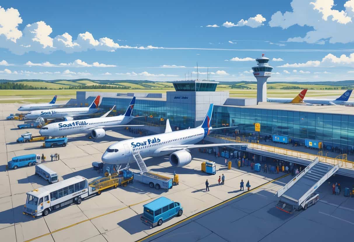 A busy airport terminal at Sioux Falls South Dakota with several airplanes from different international airlines parked at gates, ground vehicles, passengers, and an air traffic control tower in the background.
