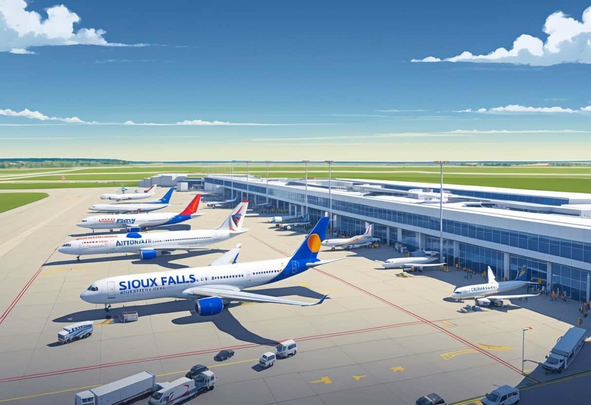 A busy airport terminal at Sioux Falls with several international airplanes parked at gates and ground vehicles moving around.