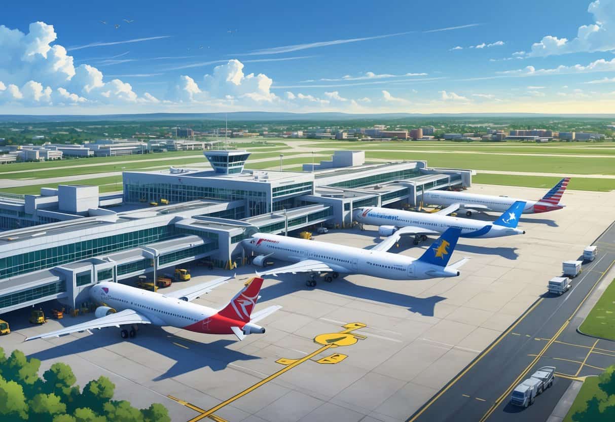 Overview of Tuscaloosa Alabama Airport showing the terminal, several airplanes from different international airlines at gates, airport vehicles, and the city skyline in the background.