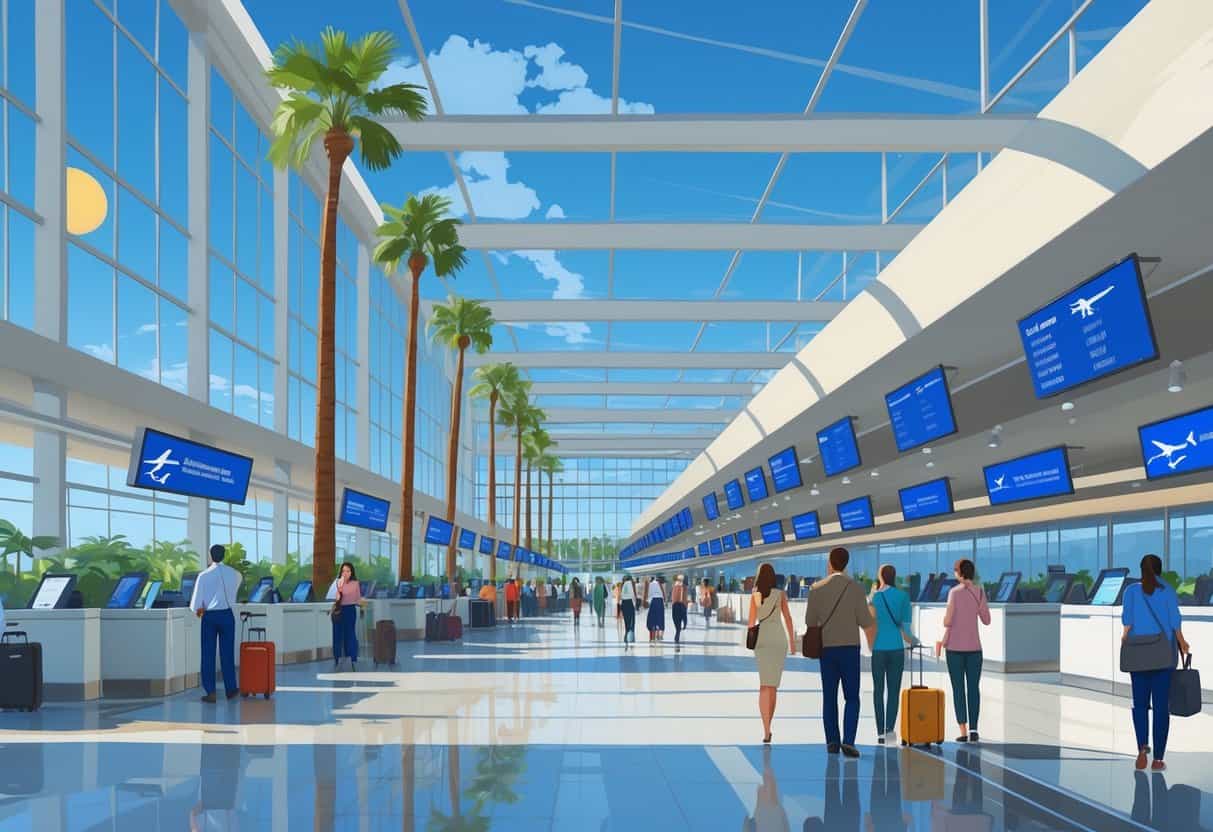 A busy international airport terminal in St. Petersburg, Florida, with travelers, check-in counters, large windows showing palm trees, and a bright, spacious interior.