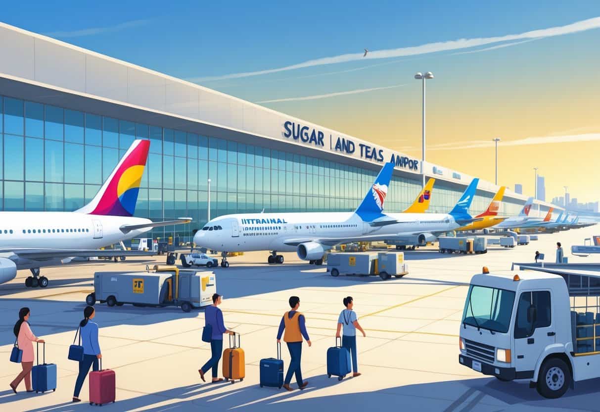 An international airport at Sugar Land Texas with airplanes from various airlines parked at gates and passengers walking with luggage near the terminal.