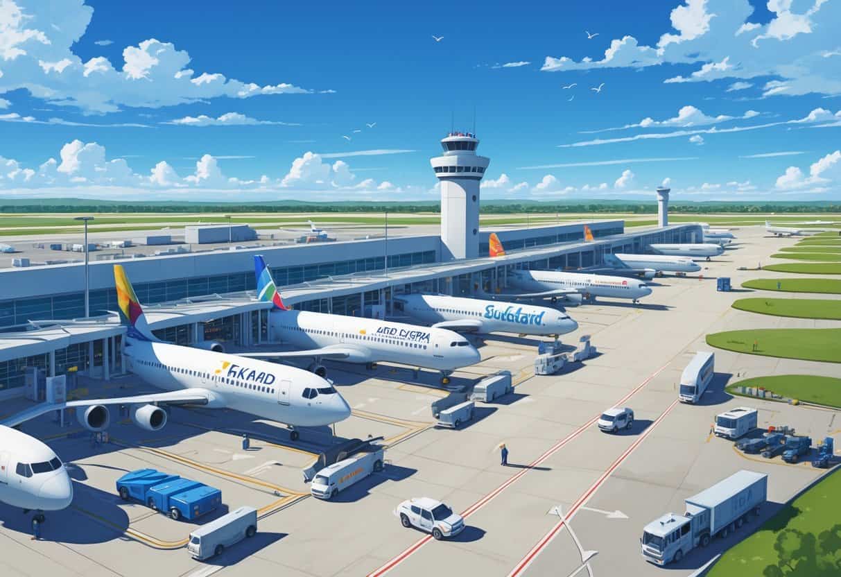 View of Sugar Land Regional Airport with airplanes from various international airlines parked at gates near the terminal and airport staff working on the tarmac under a clear sky.