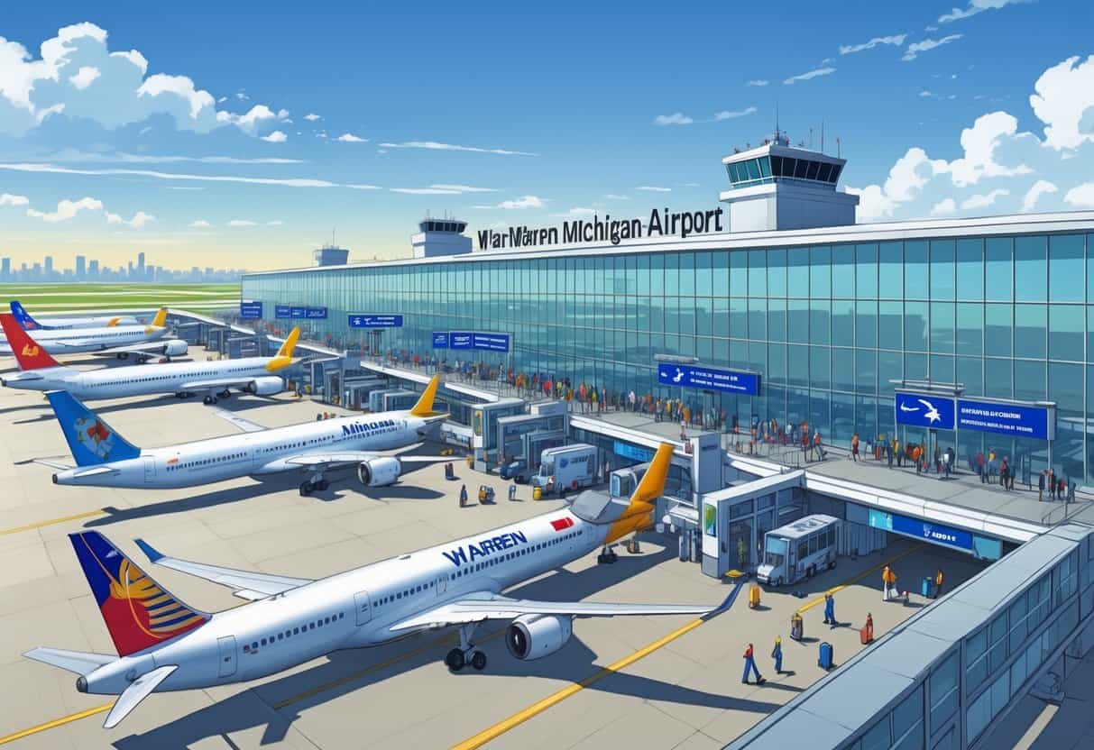 A busy international airport terminal with airplanes from multiple airlines parked at gates and passengers moving through the terminal.