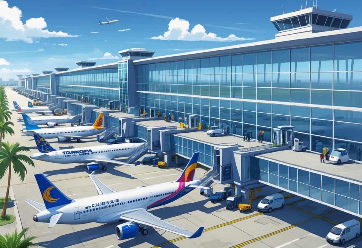 A busy airport terminal with multiple airplanes from different international airlines parked at gates and travelers walking inside.
