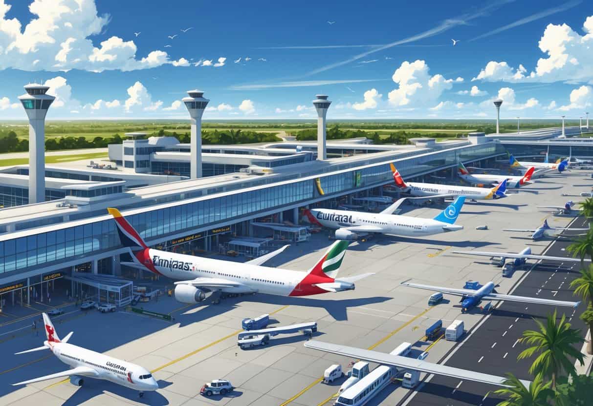 A busy airport terminal at Tampa International Airport with multiple international airplanes parked at gates and passengers moving around the area.