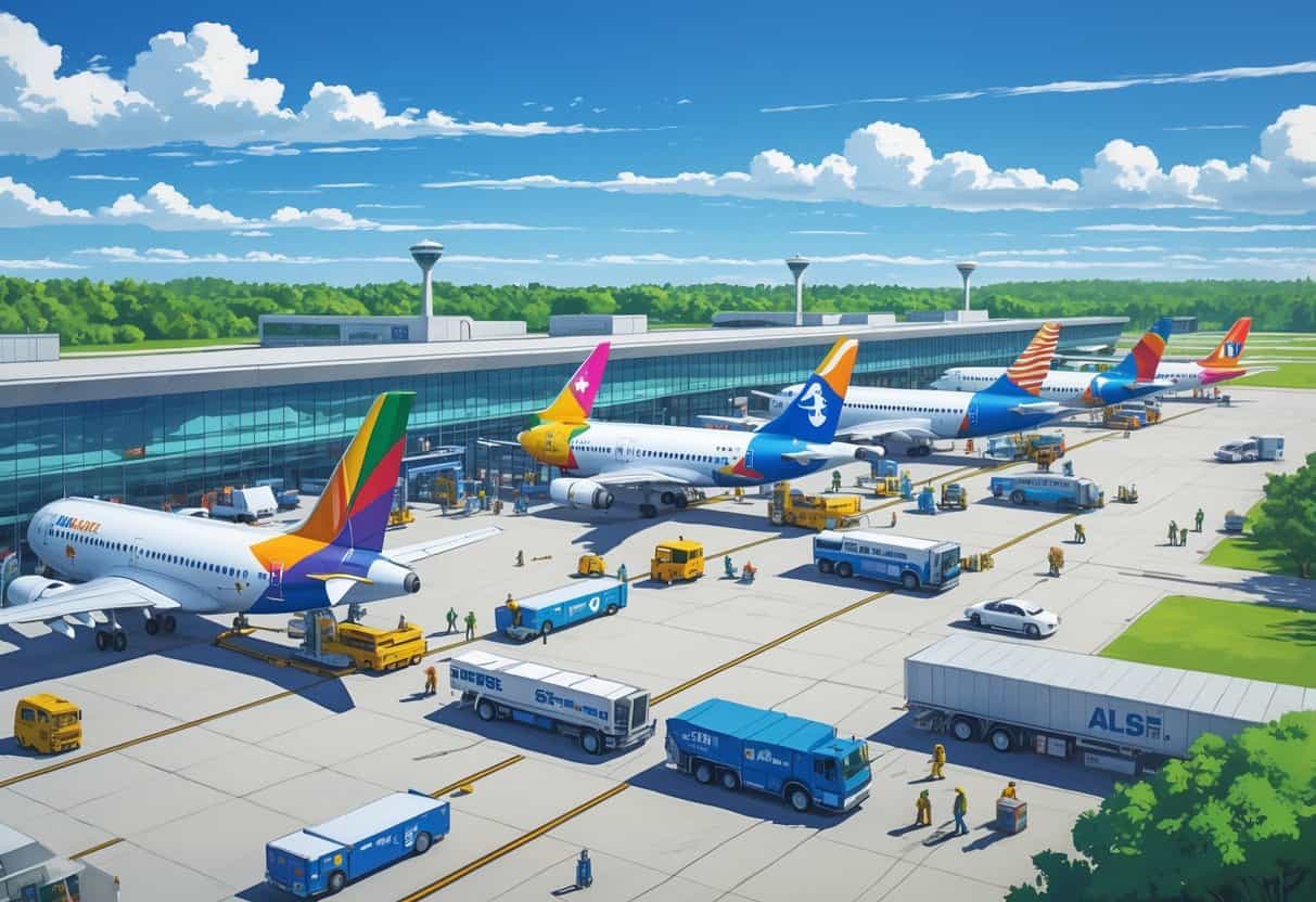 An airport scene at Tallahassee Florida with several international airplanes parked at gates and airport staff working around them.