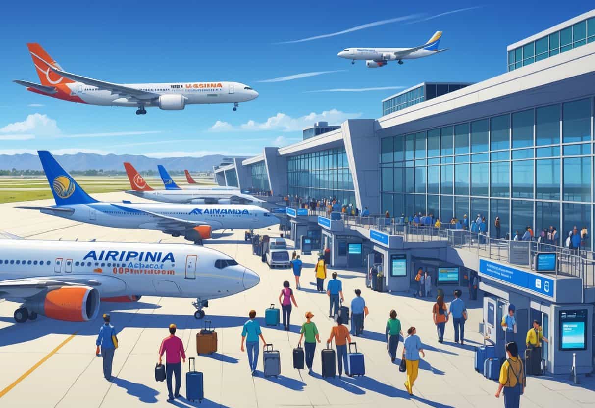 A busy international airport terminal with airplanes parked at gates, passengers walking with luggage, and airport staff working under clear skies.