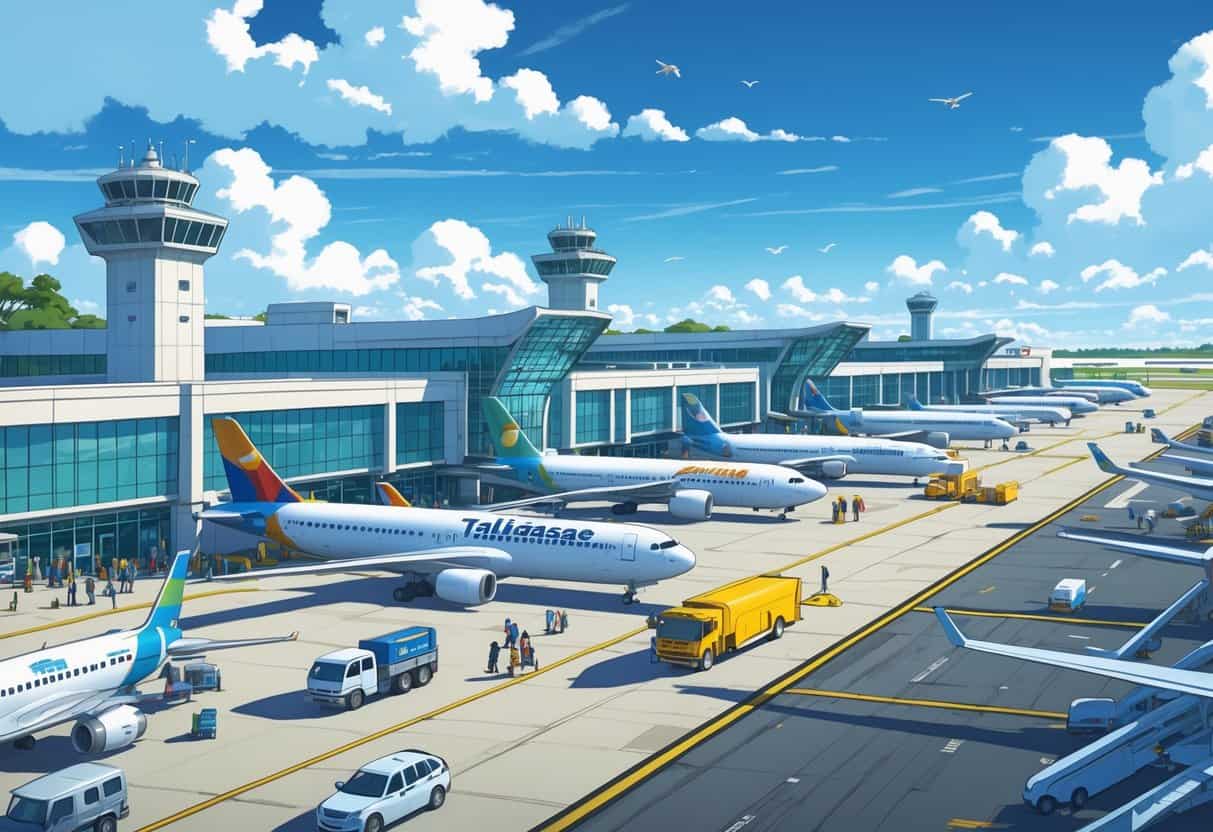 View of Tallahassee Airport with several international airplanes parked at the gates and passengers walking near the terminal.