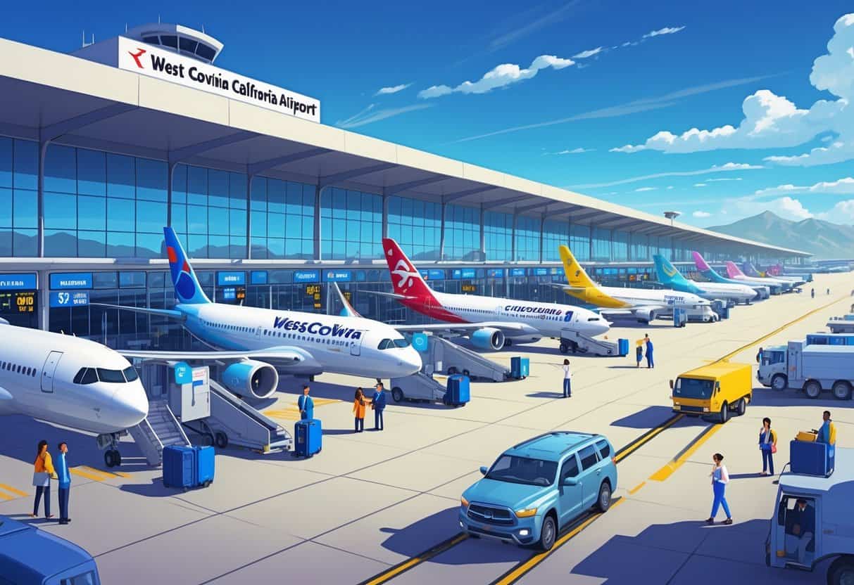 A busy international airport terminal with airplanes at gates, travelers with luggage, and airport staff working under a clear sky near mountains.