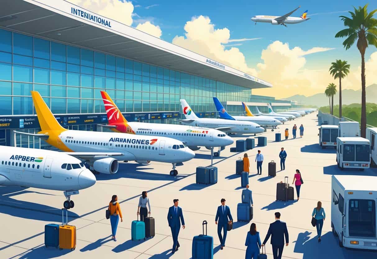 A busy international airport terminal with airplanes from various airlines parked at gates, travelers walking with luggage, and airport staff and vehicles in a sunny outdoor setting.