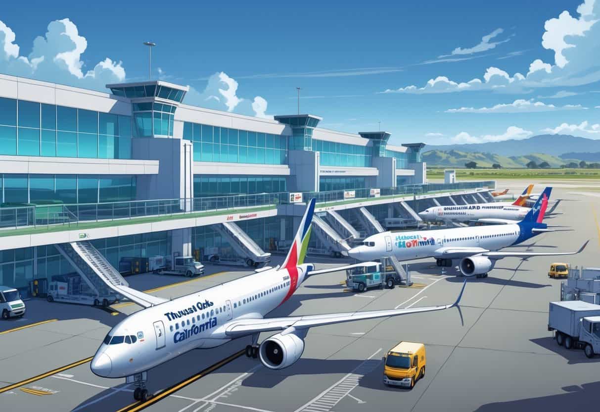 International airplanes parked at gates at Thousand Oaks California Airport with airport terminal and ground service vehicles under a clear sky.