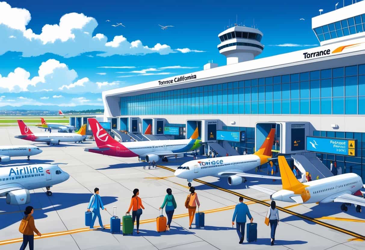 A busy international airport terminal with airplanes from different airlines parked at gates and travelers moving around the terminal area.