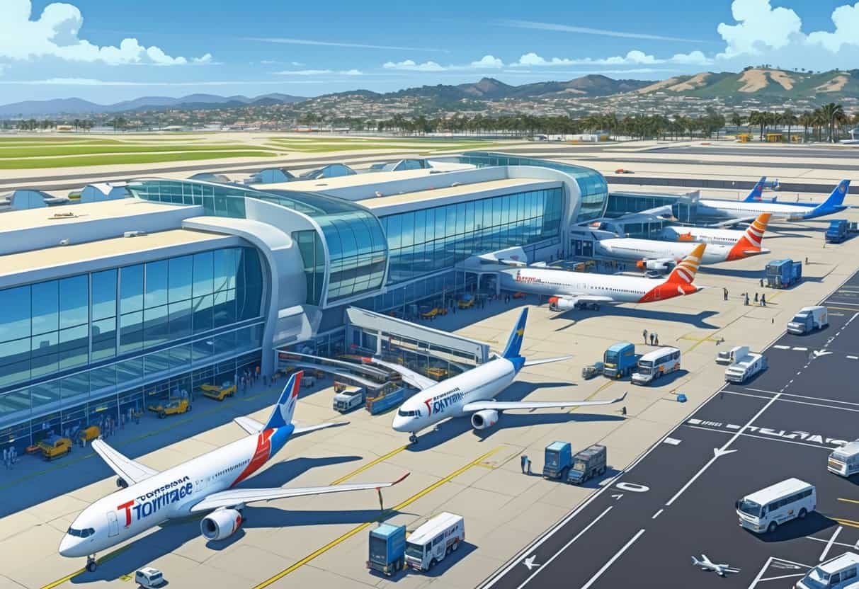 A busy airport terminal at Torrance California Airport with several international airplanes parked at gates and airport staff and travelers moving around.