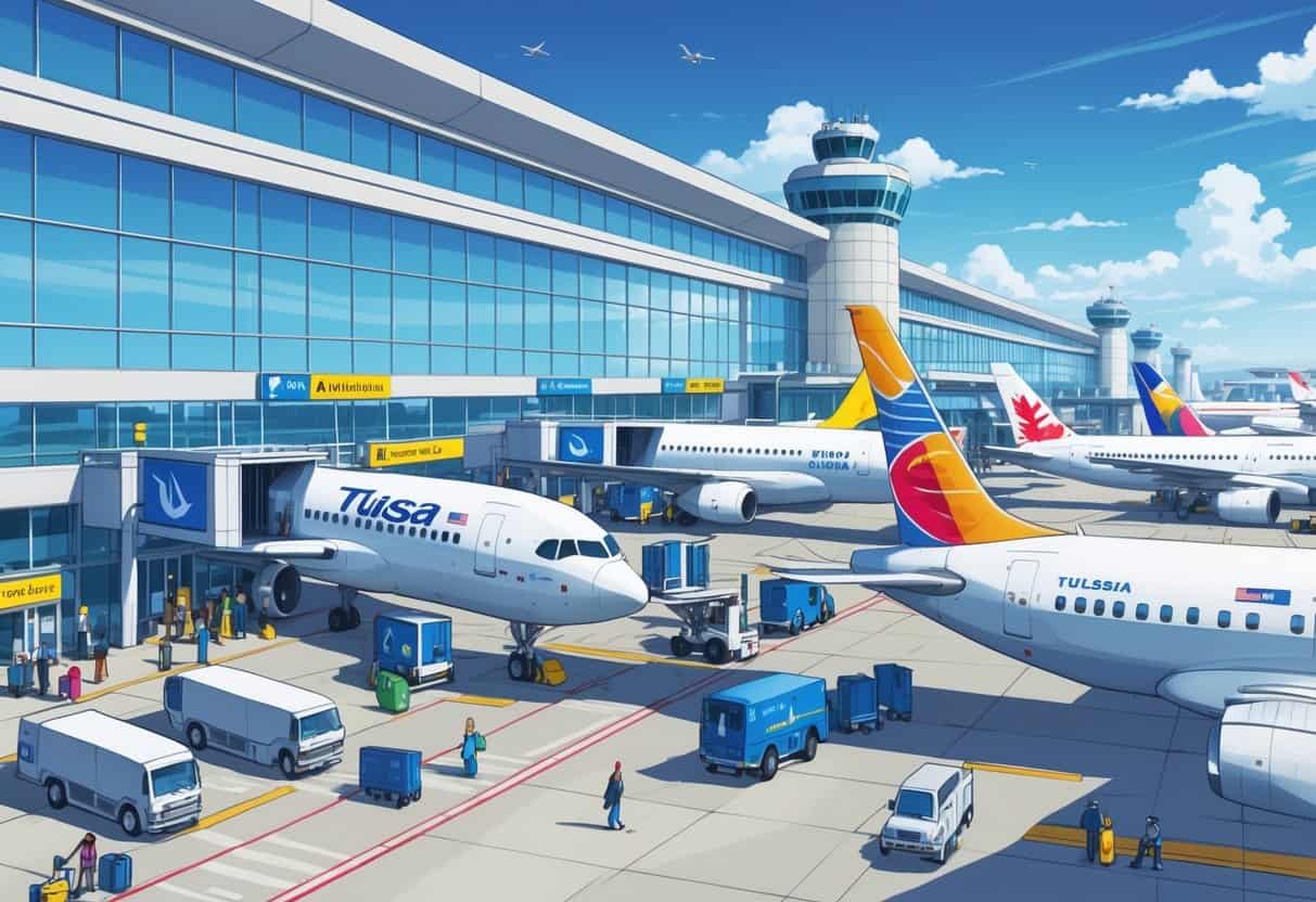 A busy international airport terminal at Tulsa Oklahoma with airplanes from various airlines parked at gates and passengers walking with luggage.