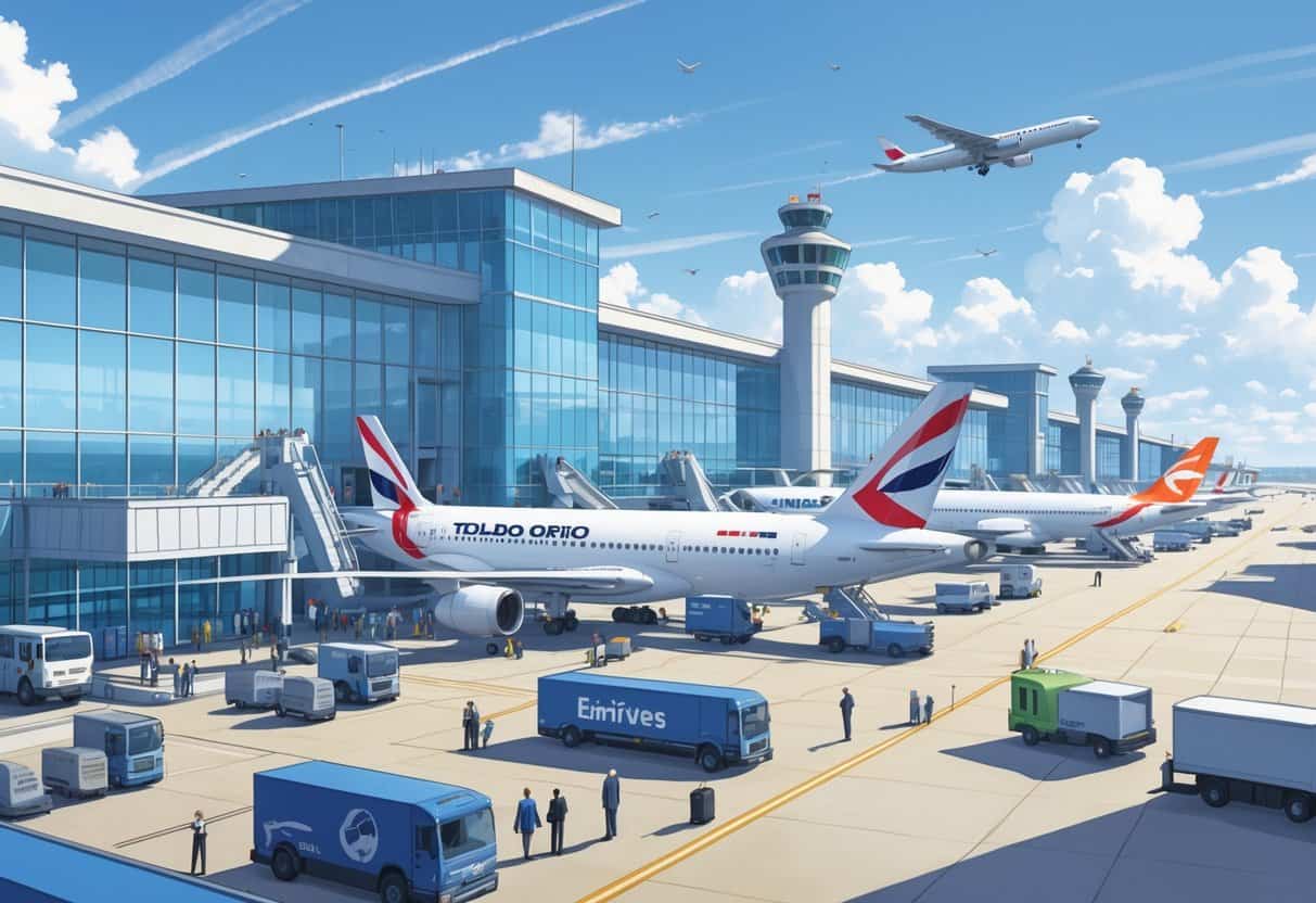 Busy Toledo Ohio Airport international terminal with airplanes from various global airlines parked at gates and travelers moving around.