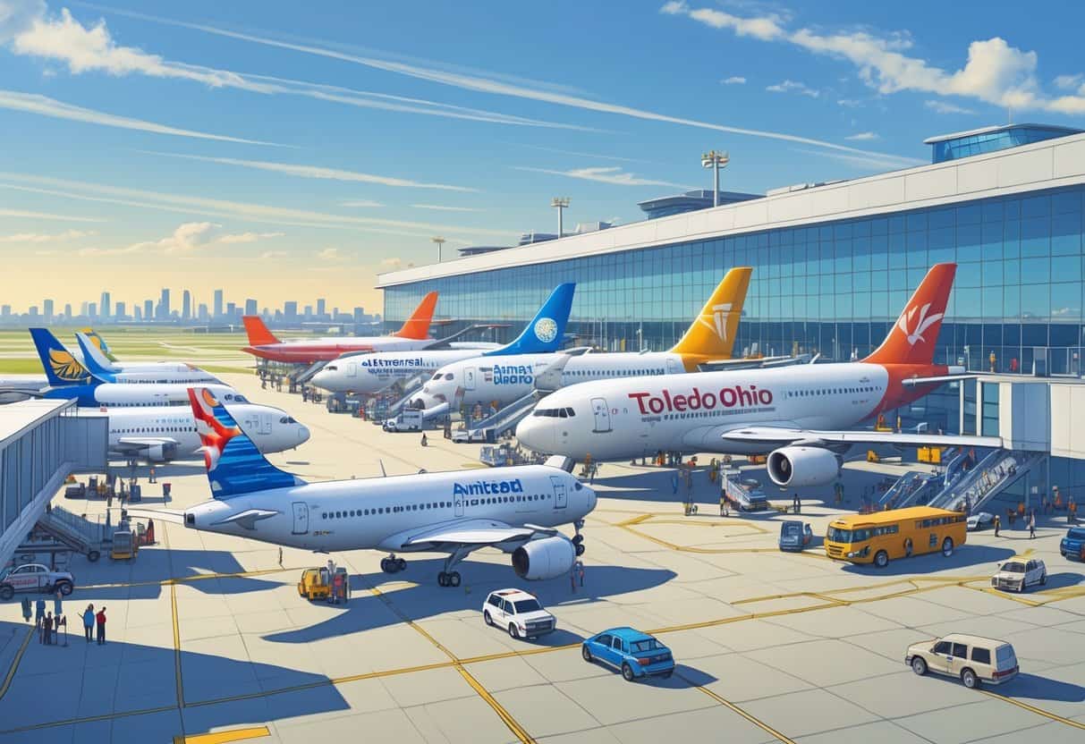 An airport terminal with airplanes from various international airlines parked at gates, passengers and staff moving around, and a city skyline in the background.