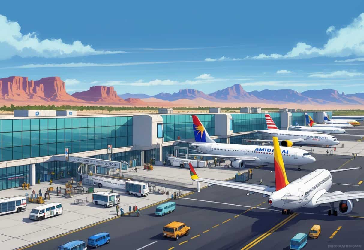 A busy scene at Tucson International Airport showing airplanes from different international airlines parked at gates, passengers walking with luggage, and a desert landscape with mountains in the background.