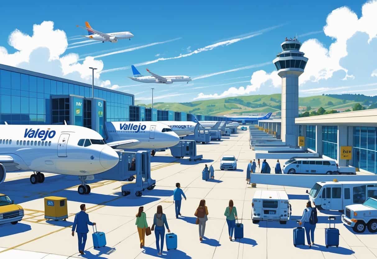 A busy airport terminal at Vallejo California with airplanes parked at gates, travelers walking with luggage, and airport staff working outside under a clear sky.
