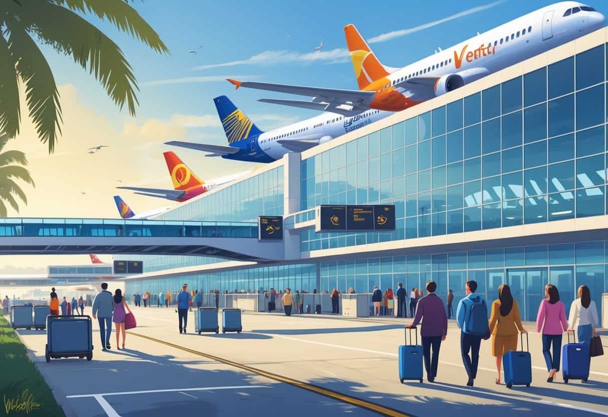 A busy Ventura California Airport with airplanes from various international airlines at the gates, passengers walking on the tarmac, and palm trees surrounding the terminal.