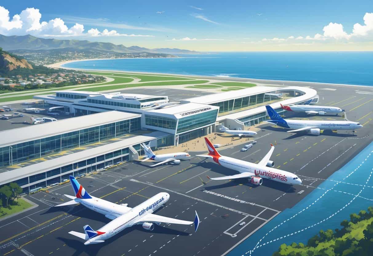A modern airport terminal at Ventura California Airport with airplanes from major international airlines on the runway and flight paths connecting to global destinations, set against a coastal landscape.