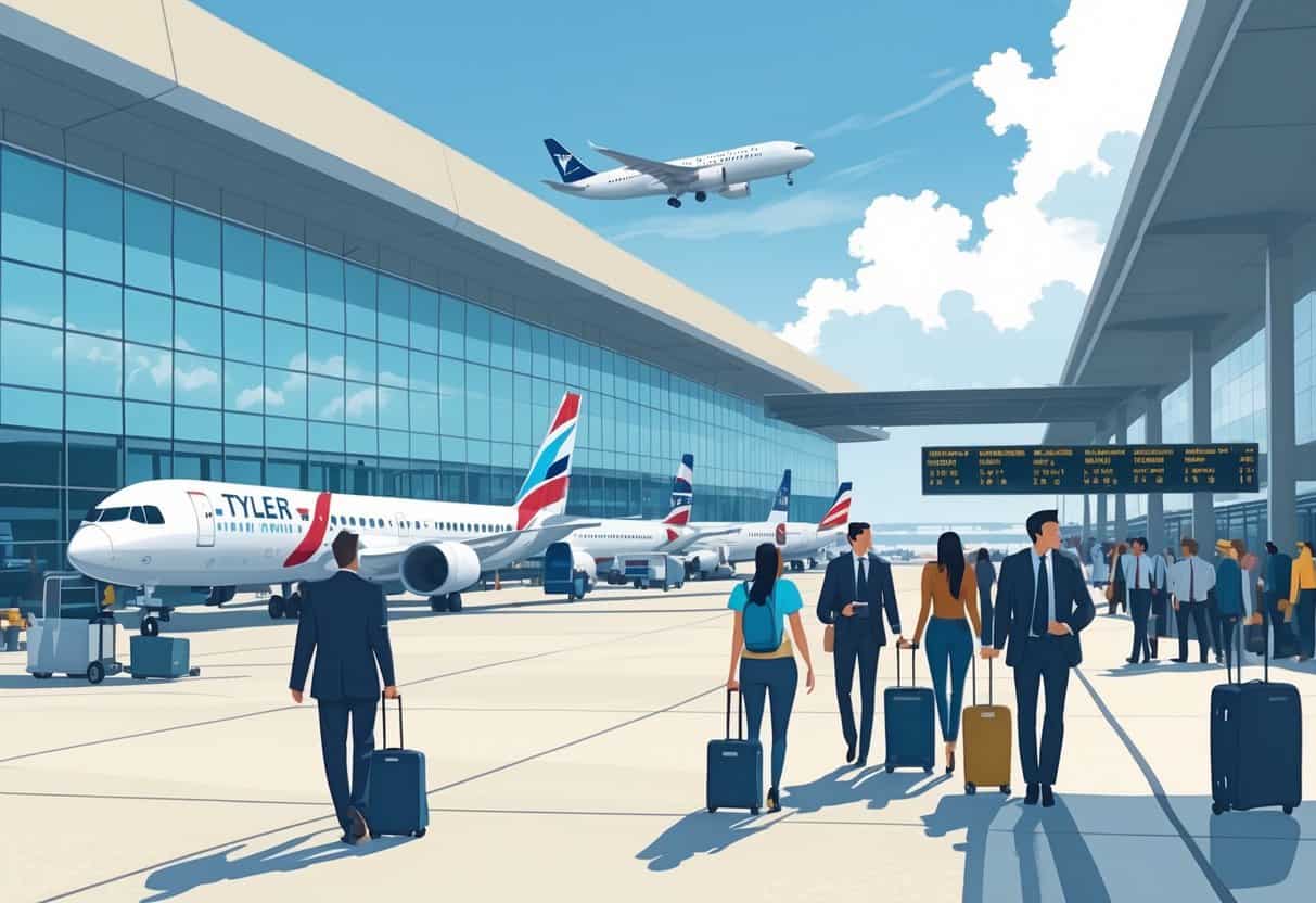 An airport terminal with various international airplanes parked at gates and passengers walking with luggage.