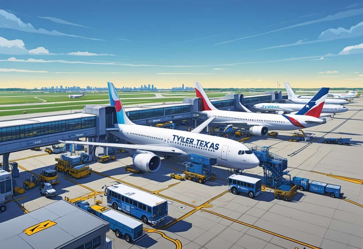 Overview of an airport terminal at Tyler Texas with multiple international airplanes parked and ground service vehicles around them.