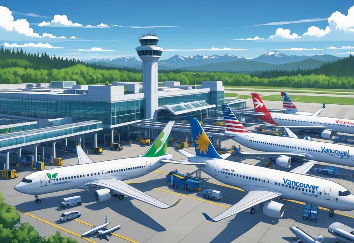 An international airport terminal with multiple airplanes parked at gates, travelers walking inside, and mountains in the background.