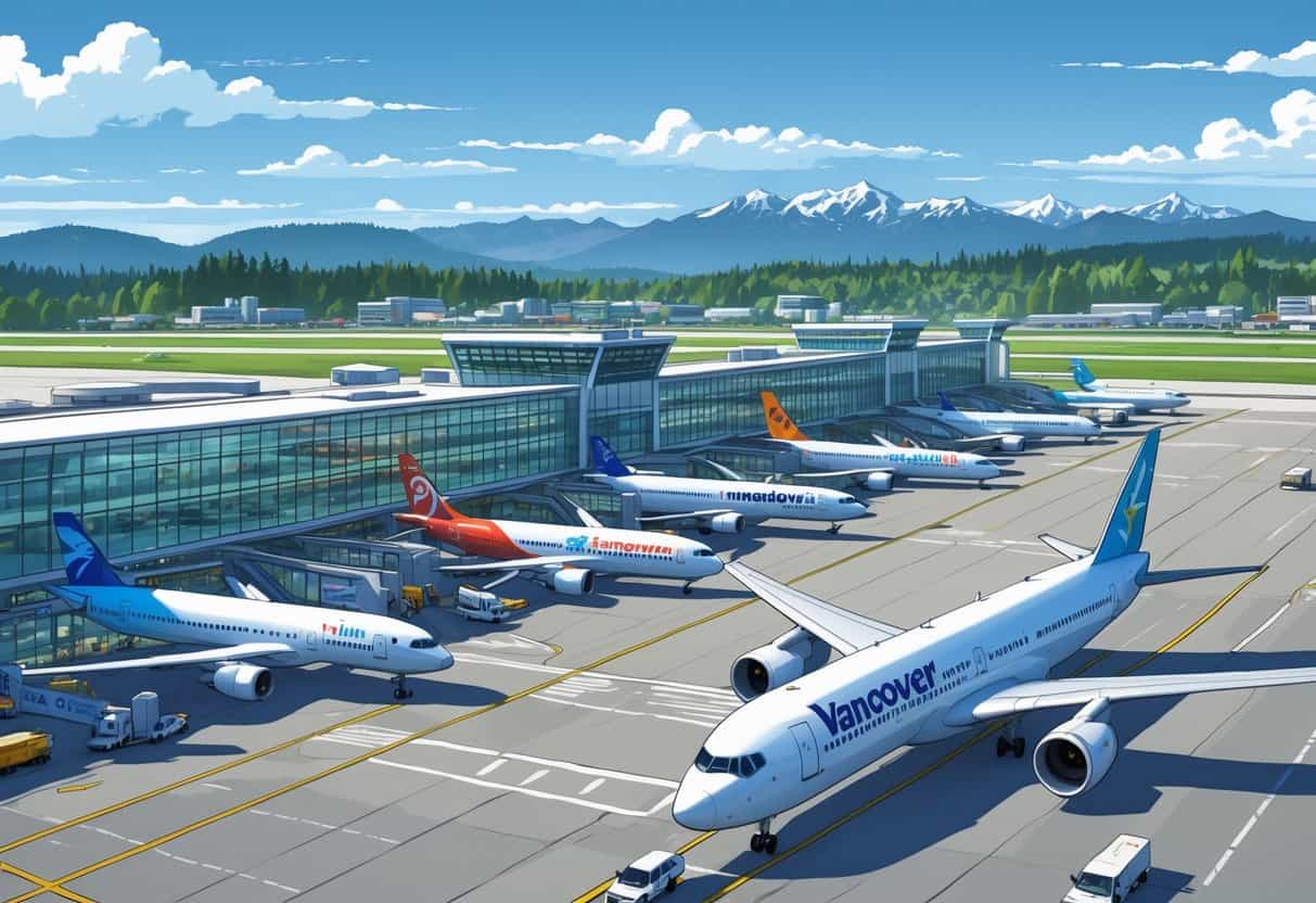 An airport terminal with multiple airplanes parked at gates, runways, service vehicles, and a city with mountains in the background.