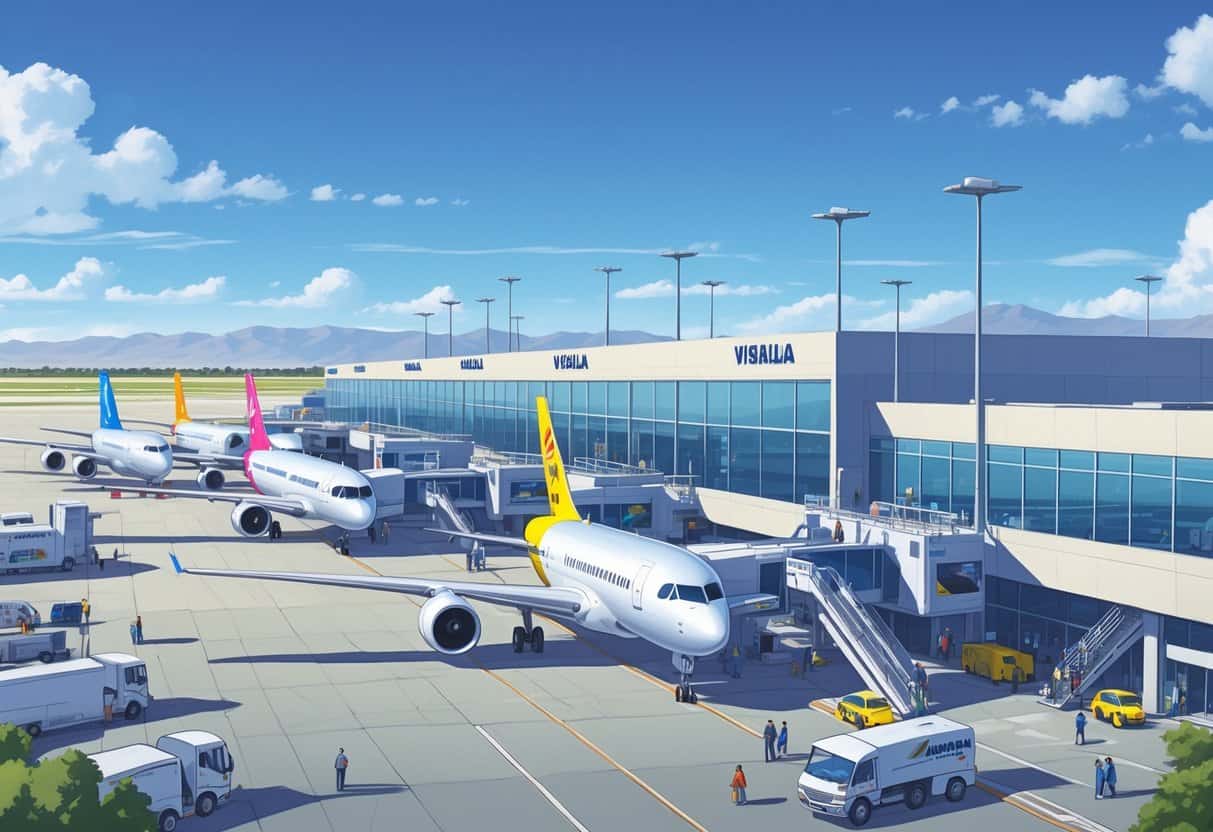 An airport terminal at Visalia, California with several international airplanes parked at gates and travelers walking nearby.